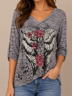 EVER BLUE Y2k Fairycore Lightweight Gray Angel Wing Rose V-Neck Top